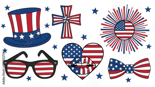 Patriotic american themed elements hat sunglasses heart lips and fireworks