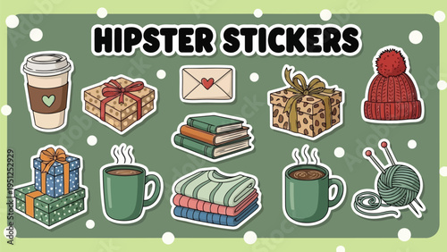 A collection of charming hand drawn hipster stickers with gifts and cozy items
