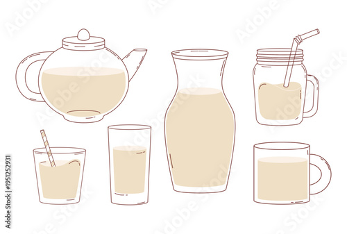 Glass Beverage Set. Teapot Pitcher Mason Jar, kettle, Mug and Drinking Glasses. Isolated Outline Hand Drawings. Vector Illustration