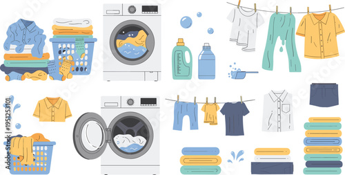 Laundry and Washing Clothes Set with Washing Machine, Detergent, Clothesline and Folded Garments, Household Cleaning Elements for Home Care and Daily Routine Design