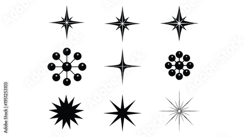 Atomic era starburst and abstract geometric shapes on a white background