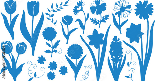 It creates a clean and artistic look. A variety of flowers and foliage can be seen here, including tulips, daffodils, and other artistic flower shapes.