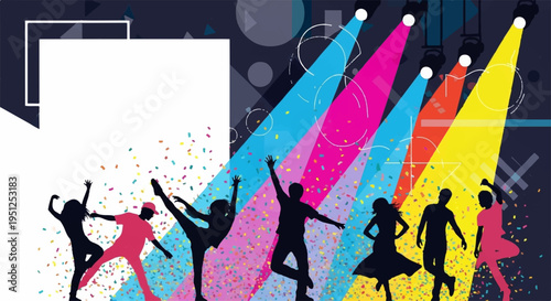 Silhouettes of people dancing under colorful spotlights at a lively party or nightclub event with vibrant beams of light