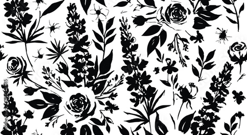 The image features a black and white floral design. It includes a variety of flowers and foliage, creating a natural and organic feel. It can be used in a variety of applications, from textiles to wal