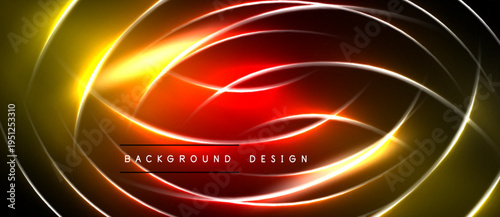 Abstract design features vibrant curves, glowing lines. Red, gold hues dominate dark background. Text reads background design.