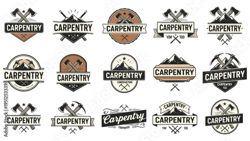 Collection of vintage carpentry logos featuring axes tools and mountain designs