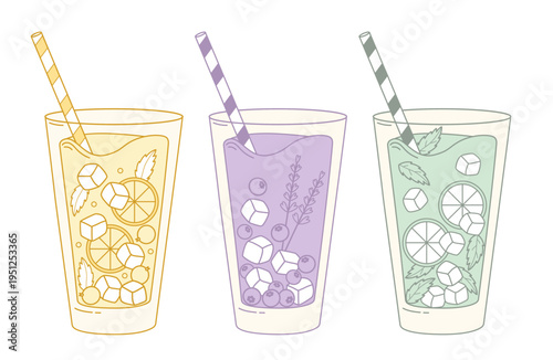 Refreshing Summer Drinks with Lemon Mint and Lavender Berry Flavors. Isolated beverage in Glass with striped Straw and Ice Cubes. Vector Illustration