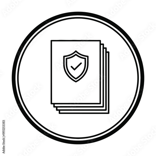 Secure document stack with shield symbol in circle frame isolated on white background concept of protection security and confidentiality