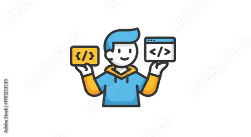 Cartoon programmer with code symbols and interface elements