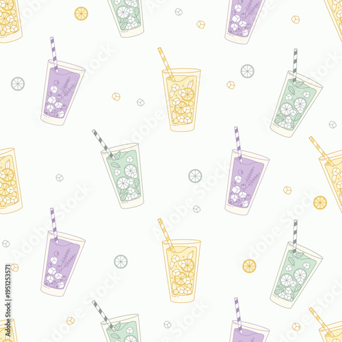 Berry Drink Seamless Pattern. Refreshing Summer Cocktails with Lemon, Lavender, Mint and Ice Cubes in glass with Straw on light Background. Vector Illustration