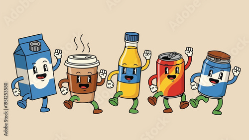 Cartoon beverages cheerfully marching in a row showing friendly expressions