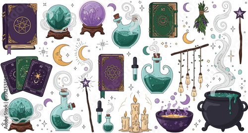 Magic Witchcraft Collection with Potions, Tarot Cards, Crystal Balls, Cauldron and Spell Elements, Mystical Occult Objects for Halloween Design and Fantasy Illustrations