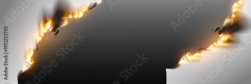 Burned paper edges with fire flames and glowing embers on transparent background