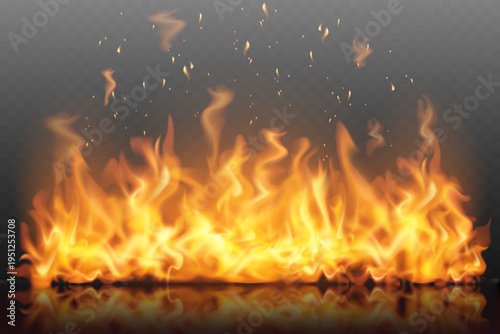 Burning fire flames with glowing sparks and hot light on dark background