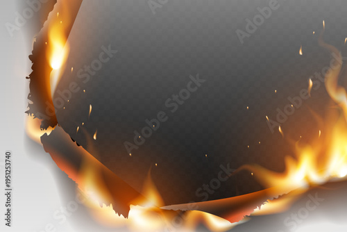 Charred paper corner with active fire flames and glowing burnt edges