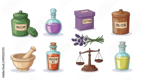 An assortment of vintage apothecary bottles jars and tools for potion making