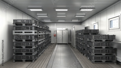 Cold Processing Room for Fish with Metal Shelving and Cold Storage Equipment