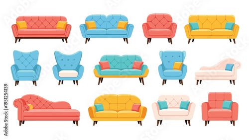 Colorful collection of modern sofas armchairs and lounge furniture displayed neatly
