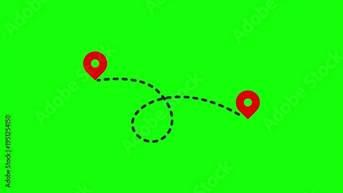 Map route animation with dotted line linking destination points green screen