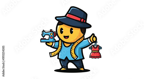Cartoon tailor character with sewing machine and dress illustration