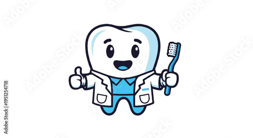 Cartoon tooth character with thumb up and toothbrush illustration