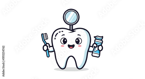 Cartoon tooth with dental tools illustration on white background