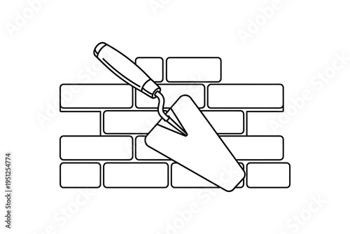 A hand holding a trowel applying mortar to a brick, laying bricks, construction, building, bricklaying, masonry work, DIY, renovation.