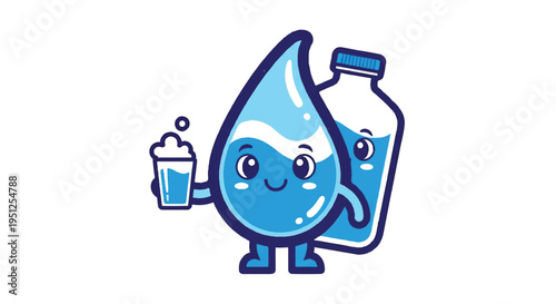 Cartoon water drop with drink and bottle illustration