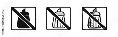 No sugar sign icon set in solid, outline, and hand-drawn doodle styles, depicting a crossed-out sugar shaker.