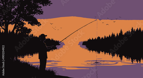 Man fishing alone at sunset lake.