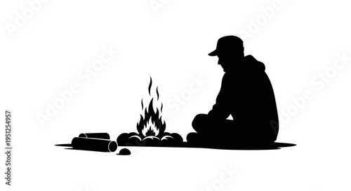 Man sitting by campfire at night.