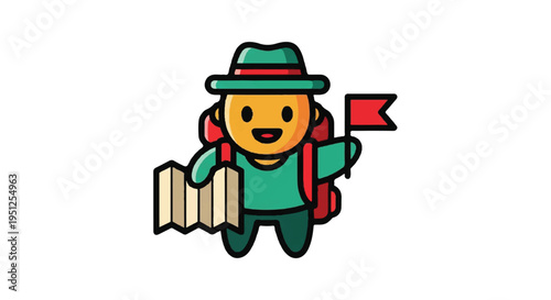 Cartoon traveler holding map and flag exploring adventure concept
