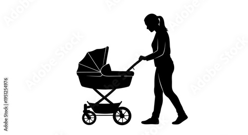 Woman pushing baby stroller outdoors alone.