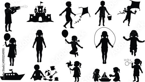 Collection of silhouette children playing isolated on transparent background