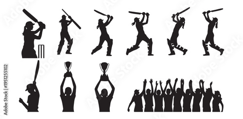 Female cricket players silhouettes set featuring batting actions and victory celebrations