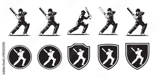 Cricket batsman silhouettes and sports logo emblems with circle and shield shaped frames