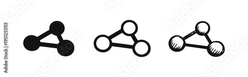 Abstract molecular structure icon set in solid, outline, and hand-drawn doodle styles, representing science and connection.