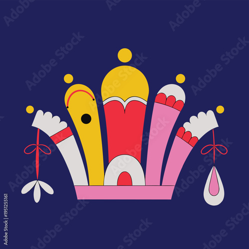 A colorful and whimsical graphic illustration of a stylized crown set against a solid blue background