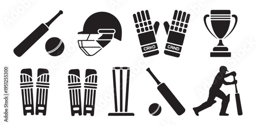 Cricket equipment and gear icons set including bat ball helmet pads gloves and trophy cup