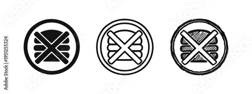 No burger fast food restriction sign icon set in solid, outline, and hand-drawn doodle styles, health conscious eating.