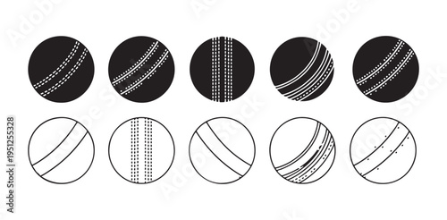 Set of ten different cricket ball designs showing seam types in solid and outline
