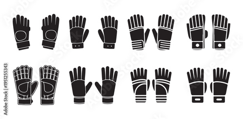Various types of cricket batting and wicket keeping gloves illustrated in outline style