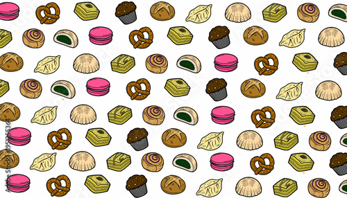 Bakery Seamless Pattern. Assorted Pastry Illustration. Hand Drawn Sweet Snacks. Repeating Dessert Food Background. Decorative Bakery Textile Design.