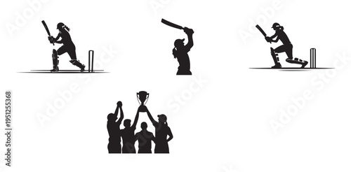 Woman cricket player silhouette set batting and celebrating trophy victory on white backdrop