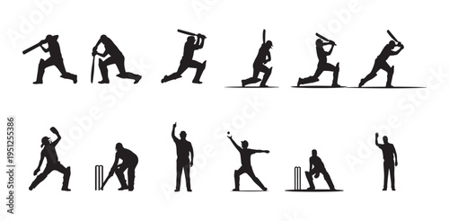 Various cricket player silhouettes including batsman bowler umpire and wicketkeeper icons
