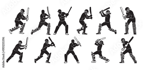 Professional cricket batsman silhouettes showing different batting stances and shot strokes