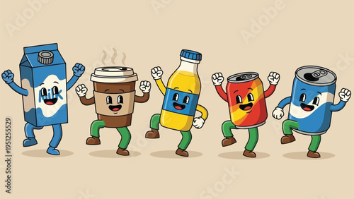 Cartoon beverages cheerfully dancing together showcasing a playful and vibrant scene