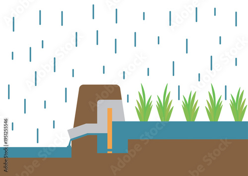 豪雨の雨水を田んぼダムによって流出抑制を行っているイメージイラスト