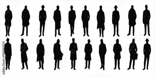 Collection of Man Silhouettes in Coats and Hats on White Background fashion