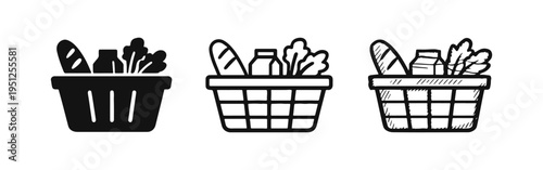 Groceries Shopping Basket Icon Set. Supermarket Food Products Symbol in Flat, Outline, and Hand-Drawn Styles